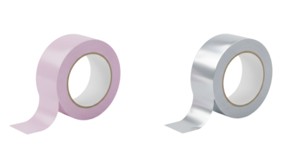 Two rolls of adhesive tape, one pink and one metallic silver, isolated on white background, ideal for crafting and packaging projects