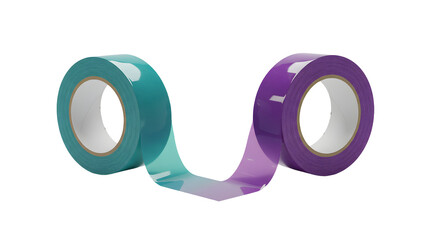 Two rolls of adhesive tape with one strip connecting teal and purple, isolated on white background, useful for crafts and office supplies