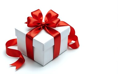 Red ribbon box with bow decoration on white background.