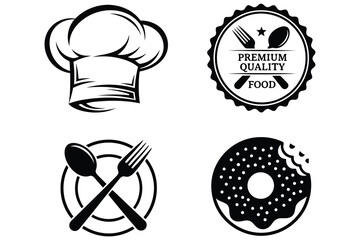 Vector art of chef hat, premium quality food badge, plate with spoon and fork, and donut silhouette cooking and restaurant vector illustration set