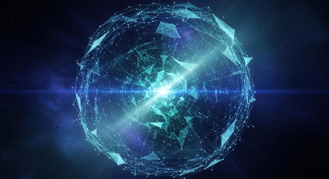 Abstract Digital Sphere with Connected Lines and Triangles: Representing Global Network, Data Visualization, and Technological Connectivity in the Modern Era