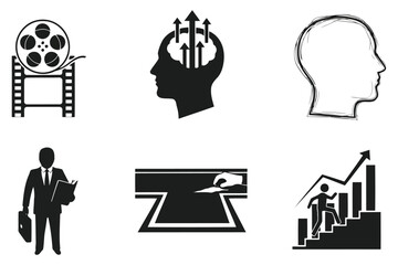 Vector art of business and growth icon set collection of film reel, head with arrows, and business growth symbols for business and personal development