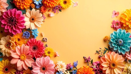 Obraz premium A vibrant yellow background adorned with an array of colorful flowers in shades of pink, blue, and orange, interspersed with lush green leaves.