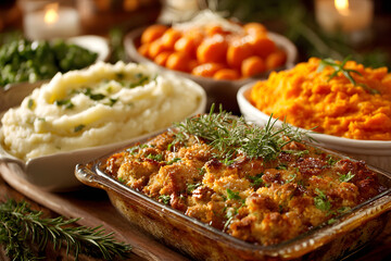 Variety of Thanksgiving sides on the dinner table, carrots, mashed potatoes, sweet potato casserole and stuffing