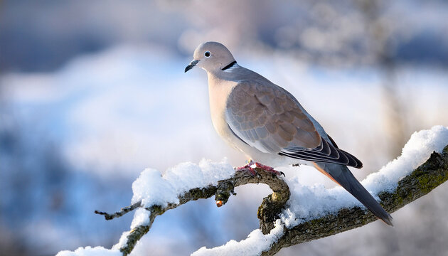 Eurasian Collared Dove Streptopelia Decaocto On A Snowy Branch