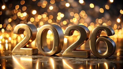 Obraz premium Golden 2026 New Year Celebration with Sparkling Lights and Elegant Reflections a Festive and Luxurious Design for Holiday Greetings and