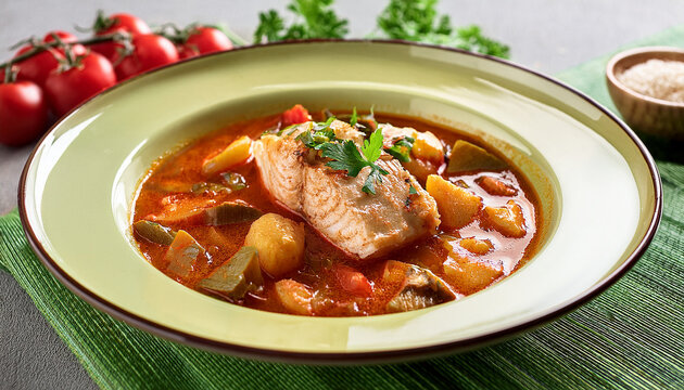 Croatian Fish Stew Brodet In Olive Tone Plate