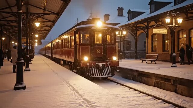 Vintage Train Arriving at Snow-Covered Station During Night with Warm Lighting