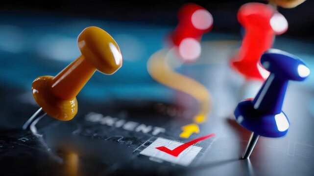 Business roadmap with colorful push pins highlighting steps and goals for success