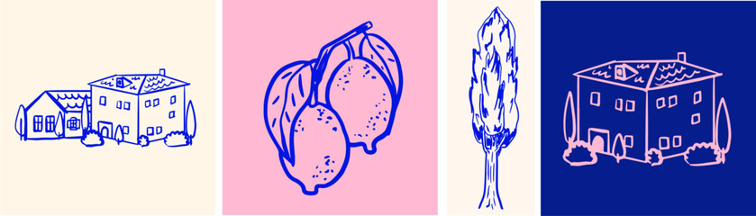 Contemporary hand drawn postcards with house, lemons, and cypress. Travel art poster, cards. Vector illustration.