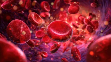 Fototapeta premium Microscopic background of red blood cells flowing inside blood vessels with scattered bacteria, detailed biological visualization, vibrant crimson and plasma tones, realistic cellular textures.