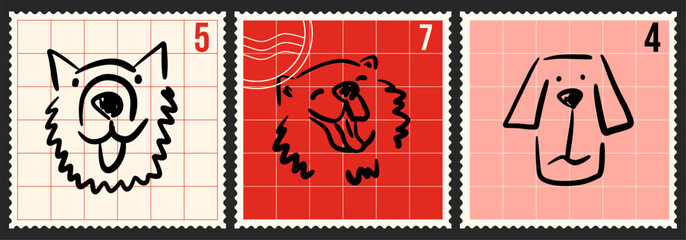 A set of cute vintage stamps with dog faces in a quick sketch style. Vector animal print elements. © Aliaksandra