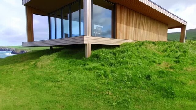 Modern wooden house perched on a grassy hillside overlooking a coastal view