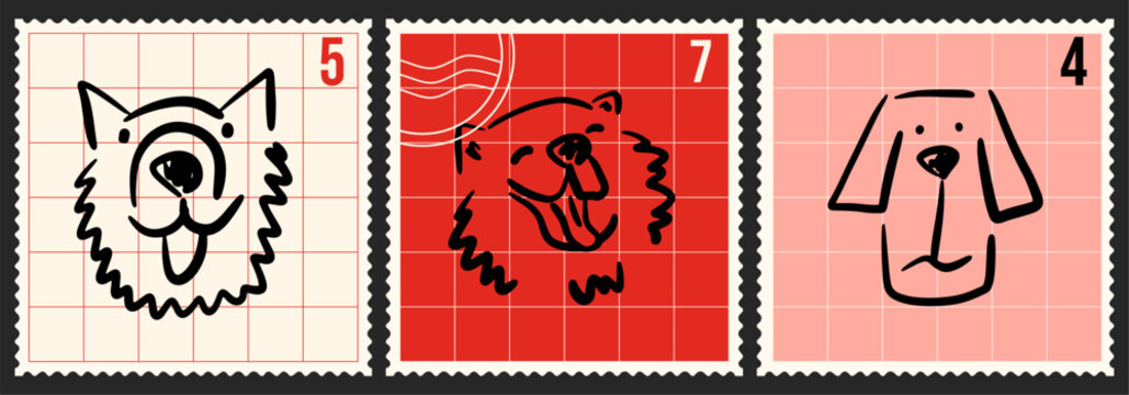 A set of cute vintage stamps with dog faces in a quick sketch style. Vector animal print elements.