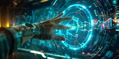 Futuristic hand interacts with glowing holographic interface, exploring advanced technology.