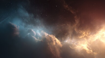 Fototapeta premium Minimal cosmic storm background, simple dark outer space with soft glowing nebula clouds, subtle light streaks and faint stars, clean abstract composition, modern flat aesthetic, high-resolution.