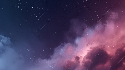 Fototapeta premium Minimal cosmic storm background, simple dark outer space with soft glowing nebula clouds, subtle light streaks and faint stars, clean abstract composition, modern flat aesthetic, high-resolution.