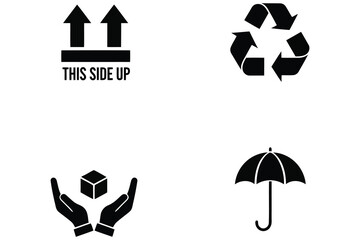 Obraz premium Vector art of this vector graphic features a collection of packaging symbols, including this side up, a recycling symbol, a handle with care icon, and an umbrella