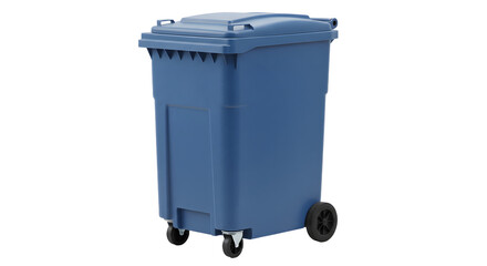 Blue industrial waste bin with wheels for easy mobility isolated on white background, ideal for sanitation and recycling