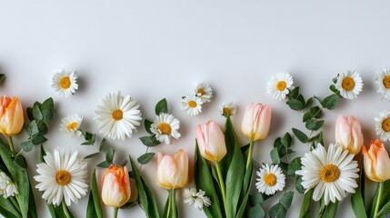 Obraz premium Minimal flower background, clean white backdrop with neatly arranged daisies and tulips, soft pastel tones, subtle green leaves, modern flat lay composition, professional advertising aesthetic.