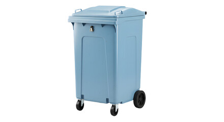 Blue plastic waste bin with wheels and lid isolated on white background, perfect for office or home waste management