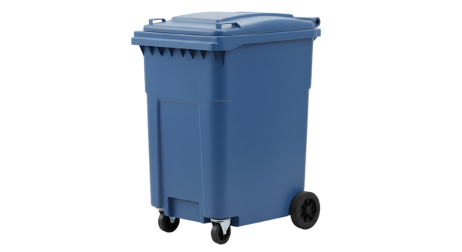 Blue industrial waste bin with wheels for easy mobility isolated on white background, ideal for sanitation and recycling