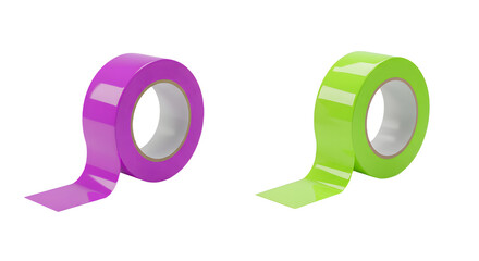 Bright colored adhesive tape rolls in purple and green isolated on white background, perfect for crafts and DIY projects