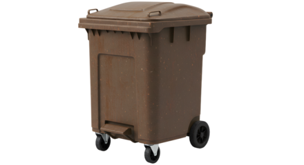 Brown outdoor garbage bin with wheels isolated on white background, perfect for waste disposal and recycling projects