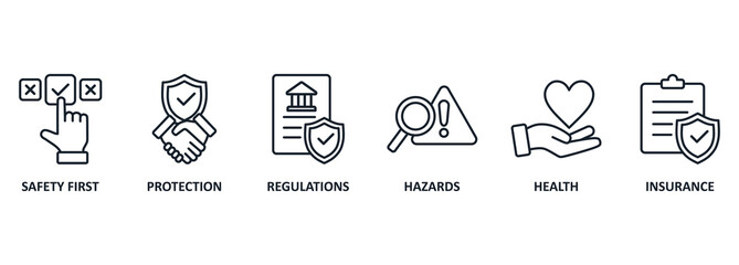 Banner work safety concept, hazards, protections, health and regulations with keywords and icons