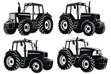 Vector art of collection of tractor illustrations in black and white includes various angles and styles for agricultural themes