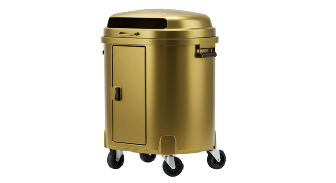 Gold mobile storage cabinet with door and caster wheels isolated on black background, perfect for office or home organization