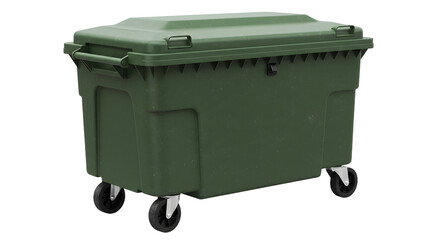 Green commercial dumpster with wheels isolated on white background, waste management container for industrial and urban use