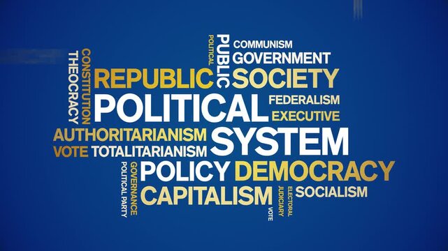 Political System animated word cloud-text design animation tag kinetic typography seamless loop.