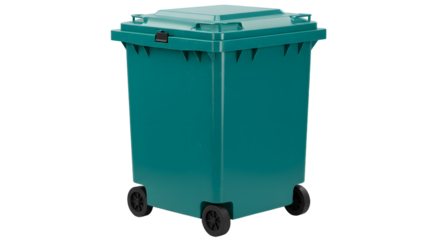Green plastic wheeled garbage bin isolated on white background, waste disposal container for trash collection and recycling