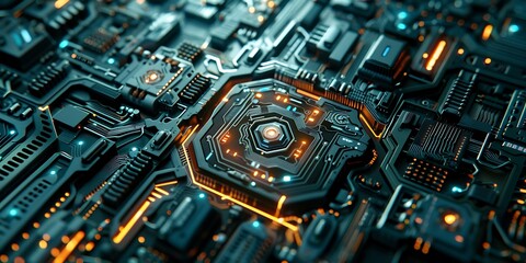 Fototapeta premium Futuristic glowing circuit board with intricate pathways and energy flow