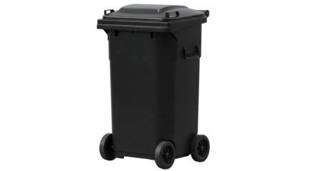 Black wheeled garbage bin isolated on white background, trash container for waste management and recycling