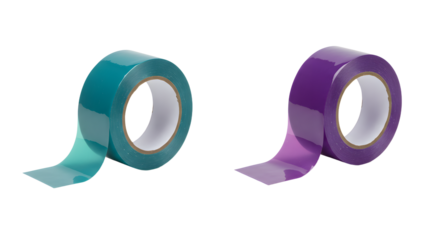 Blue and purple adhesive tape rolls isolated on white background for office, school, or crafting use