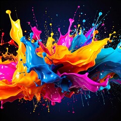 Vibrant splashes of paint in various colors—red, blue, yellow, and green—burst against a deep black background, creating a striking contrast and dynamic energy.