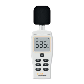 Illustration of a portable sound level meter used to measure sound levels in decibels during a routine assessment in a quiet environment.