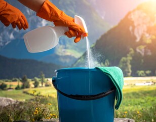 Cleaning Outdoors with Spray Bottle and Bucket.
