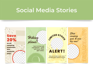 Social media story templates featuring promotions on camping gear and special offers for loyal customers
