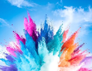 A vibrant explosion of colored powder bursts into the sky, creating a stunning display of swirling hues—pink, blue, yellow, and green—against a clear backdrop.