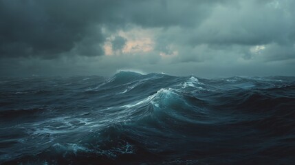Stormy ocean waves under dark clouds