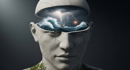 Conceptual artwork of a mindscape storm inside a cracked statue head