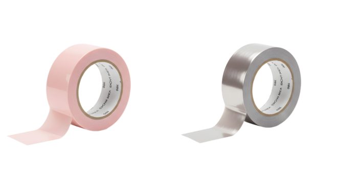 Rolls of pink and silver adhesive tape isolated on white background, useful for crafts and repairs