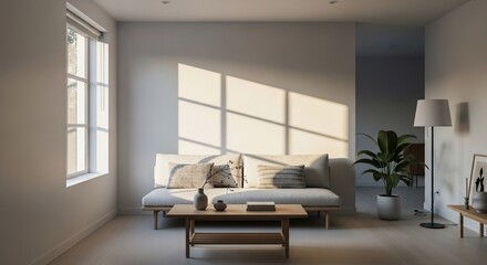 Interior design of a minimalist living room with natural light and furniture elements