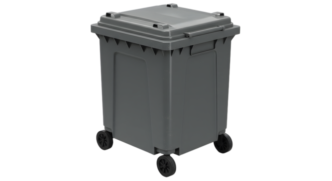 Gray plastic wheeled trash bin isolated on white background, waste container with lid for garbage collection and recycling