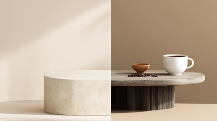 Stylish coffee table with coffee cup and beans, and a pedestal, set against a splittone beige background with soft shadows