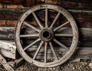 Old Wooden Wagon Wheel Against Wooden Wall.