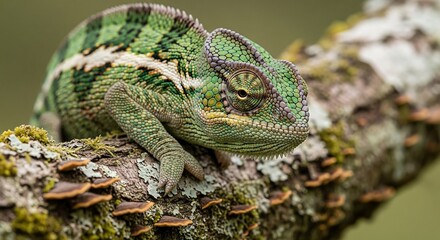 A Detailed Macro Shot of a Chameleon Perched on a Textured Tree Branch
